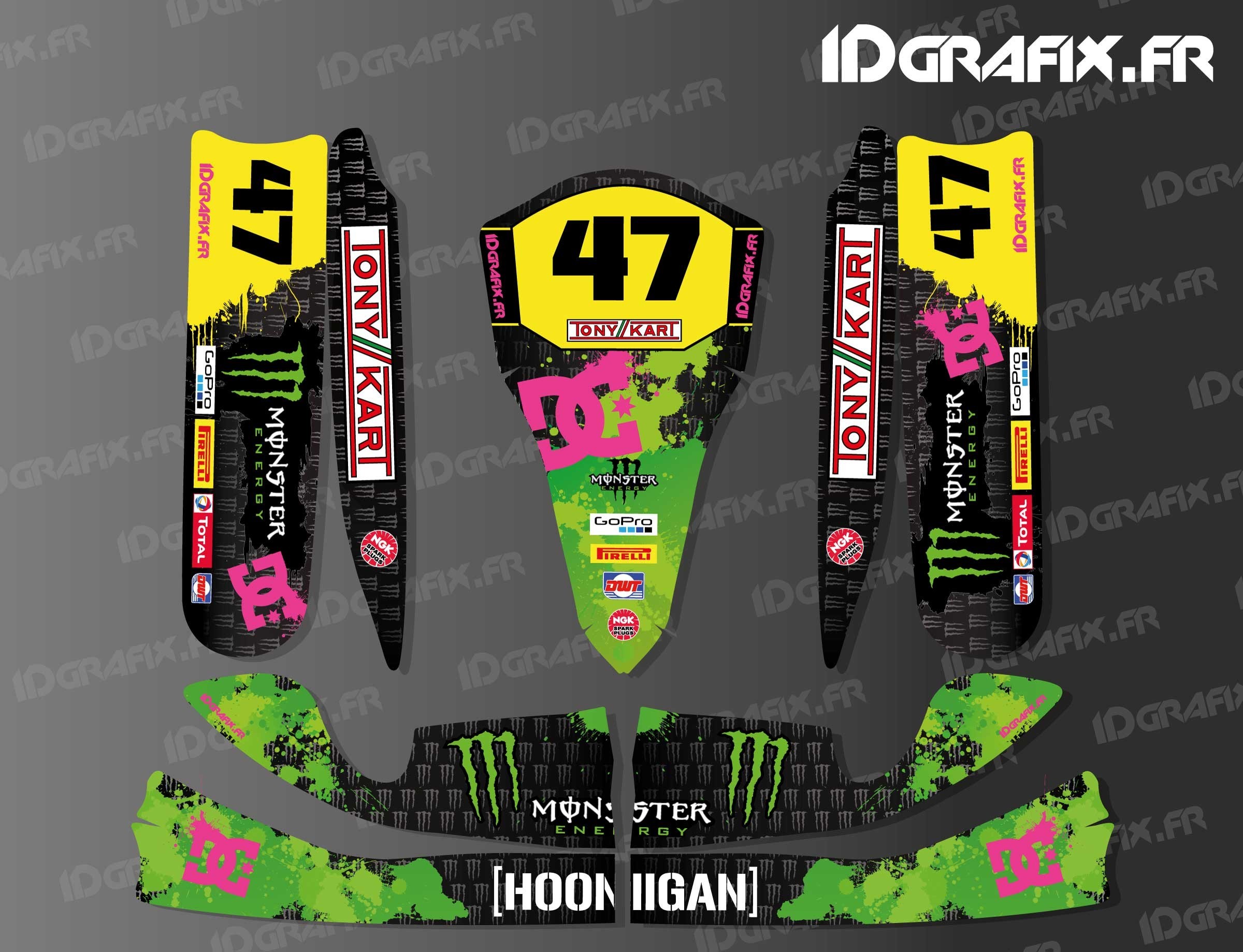 photo du kit décoration , Kit déco 100 % Personnalisé Monster Noir pour Karting TonyKart M4