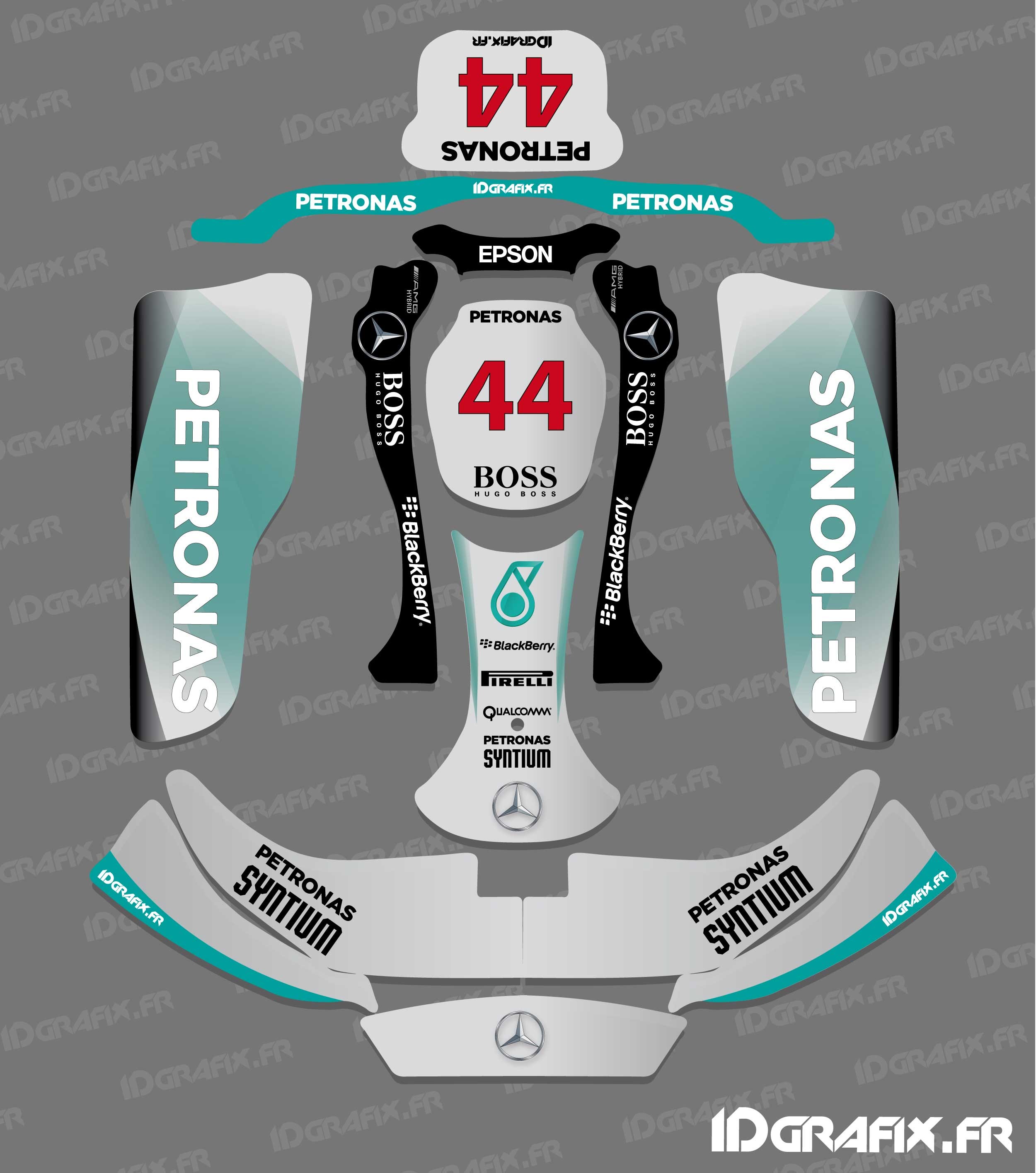 photo du kit décoration , Kit déco F1,series Mercedes pour Karting CRG Rotax 125